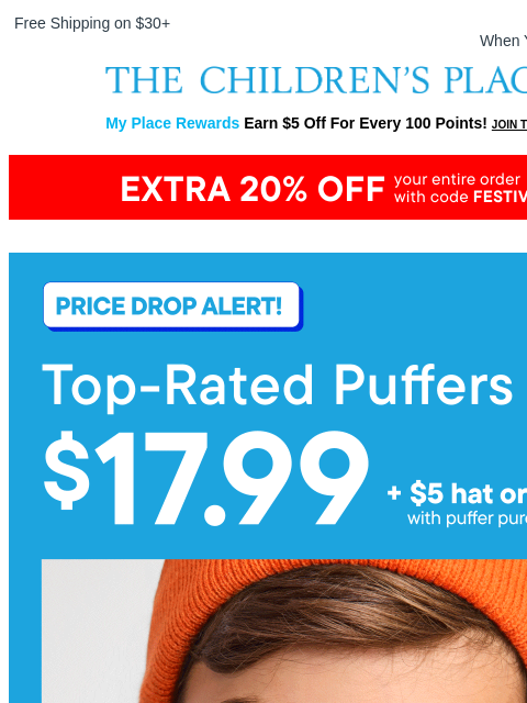 childrensplace newsletter: 🧥 Puffers for $17.99?! Say WHAT?!