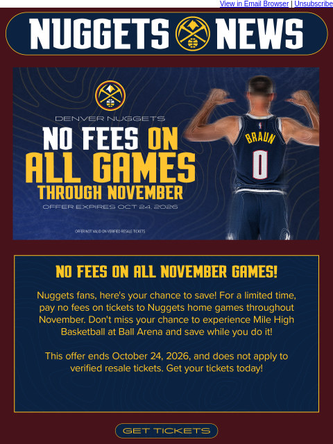 thedenvernuggets newsletter: No Fees on November Nuggets Games!