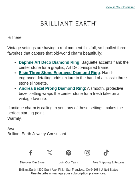 brilliantearth newsletter: Vintage-inspired rings making a comeback this fall