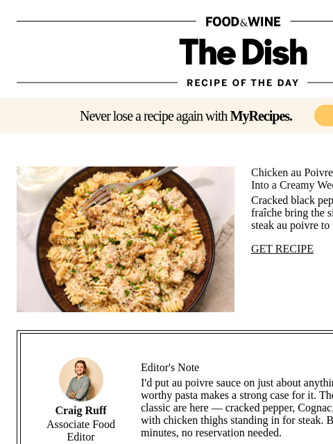 foodandwine newsletter: Chicken au Poivre Pasta