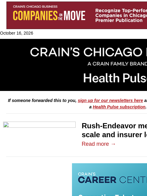 crainalerts newsletter: Rush-Endeavor merger faces hurdles