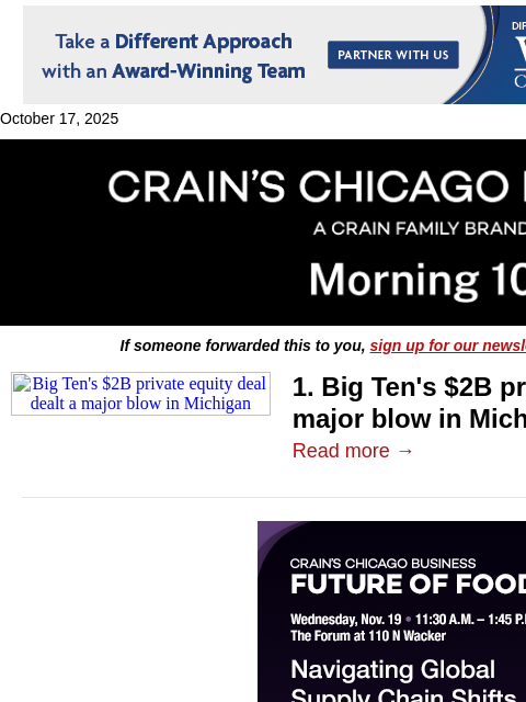 crainalerts newsletter: Big Ten deal takes a blow