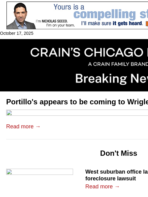 crainalerts newsletter: Portillo's plans for Wrigleyville