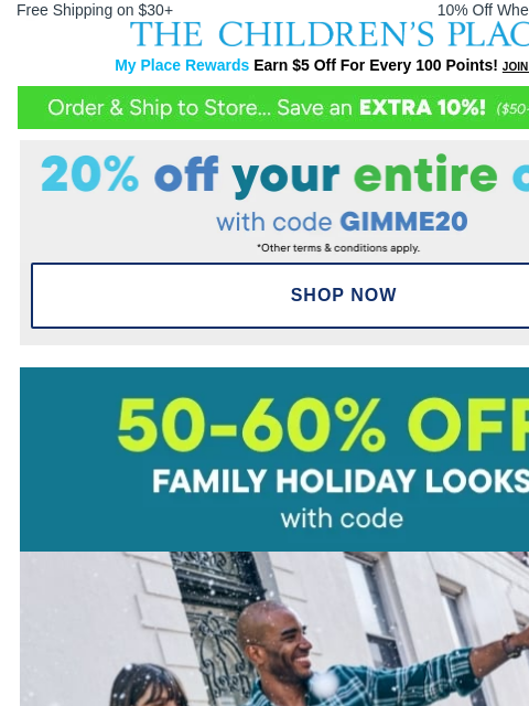 childrensplace newsletter: 50-60% OFF Holiday-Fun Looks for the Fam!🎅🎉