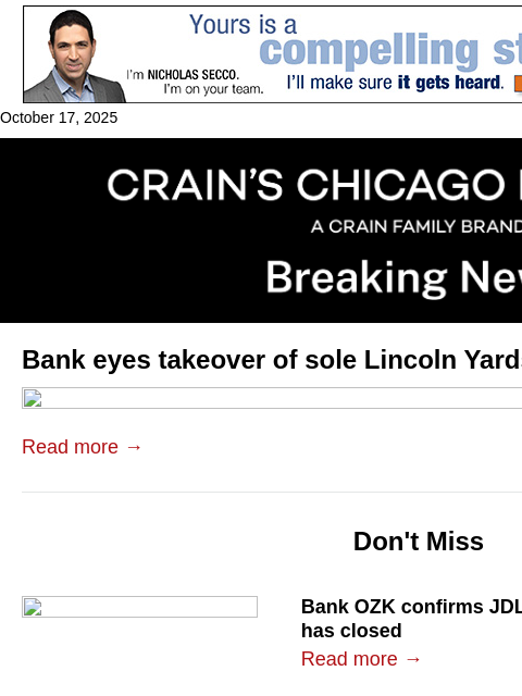 crainalerts newsletter: Bank eyes takeover of Lincoln Yards' sole building