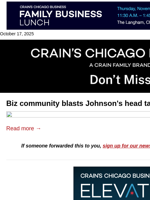 crainalerts newsletter: Johnson's head tax plan meets biz pushback