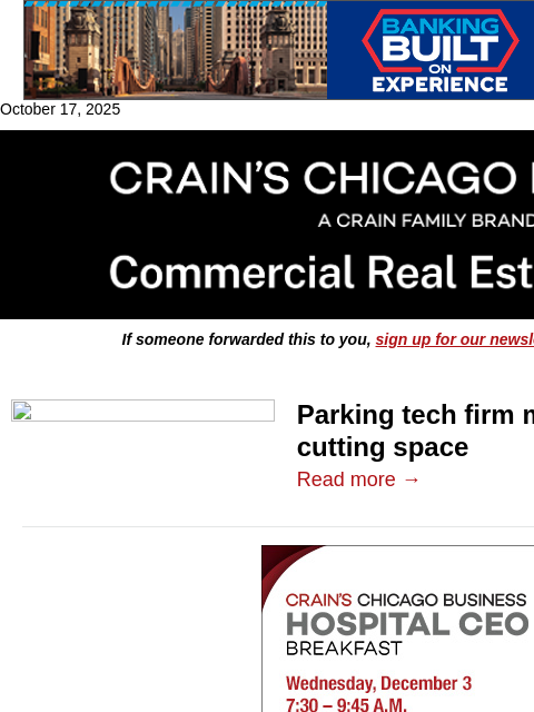crainalerts newsletter: Parking tech firm moving to Fulton Market
