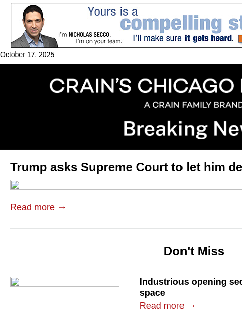 crainalerts newsletter: Trump asks SCOTUS to allow Chicago deployment