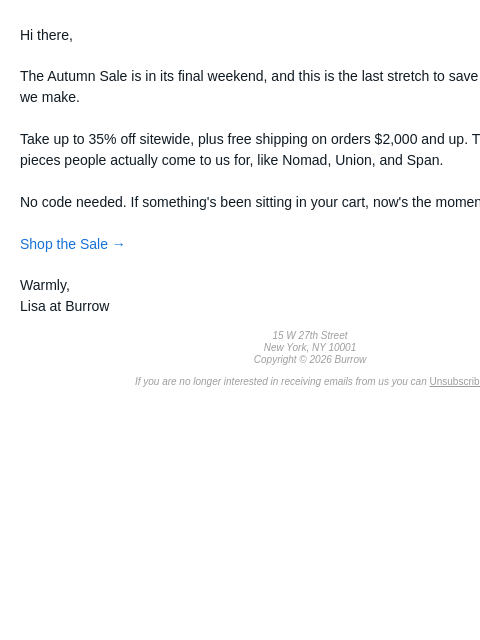 burrow newsletter: Last weekend for up to 35% off