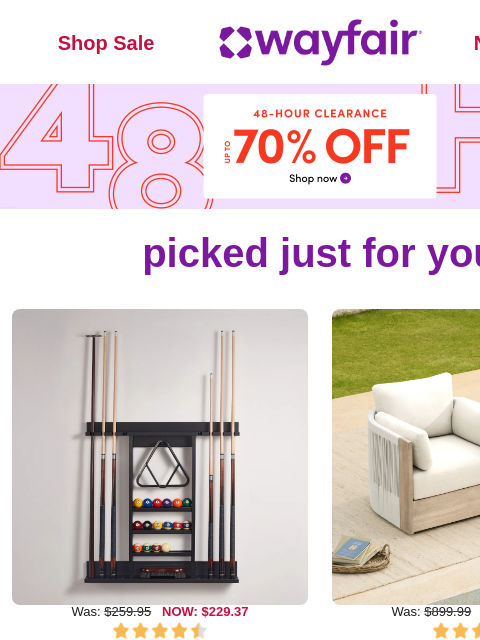 wayfair newsletter: GAME TABLE ACCESSORIES ⏱️ 🔔 48-HOUR CLEARANCE STA...