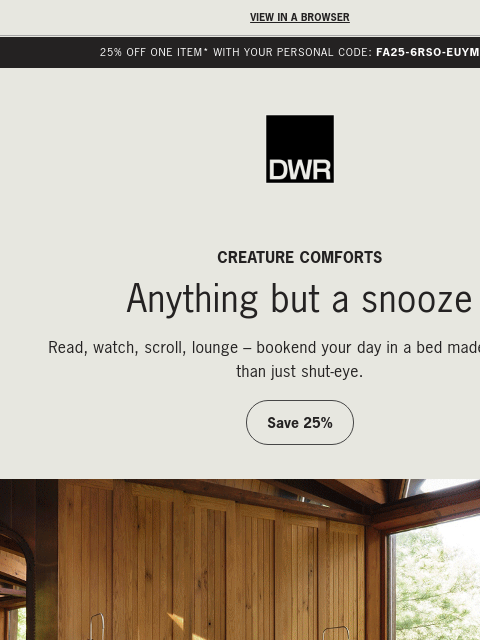 dwr newsletter: 25% off one item continues