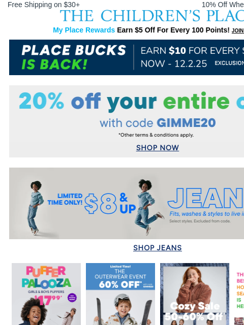 childrensplace newsletter: $8 & up JEANS goin' fast!