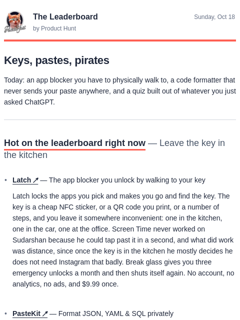 producthunt newsletter: 😸 Throw away the key