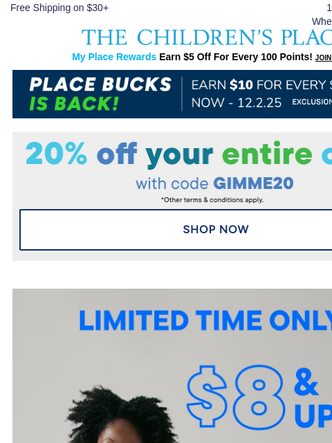 childrensplace newsletter: ❗ LAST DAY FOR $8 & up Jeans + 20% OFF CODE ❗
