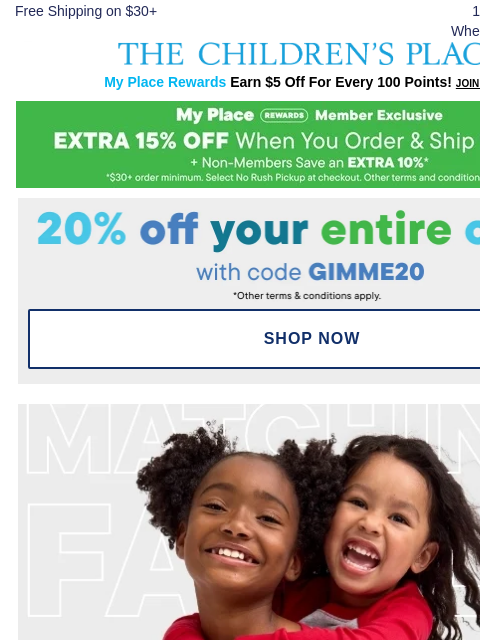 childrensplace newsletter: 50-80% off PJ Party Vibes for the Whole Fam