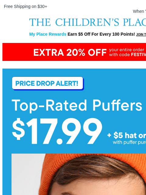 childrensplace newsletter: $17.99 PUFFERS?! be so fr 🤭