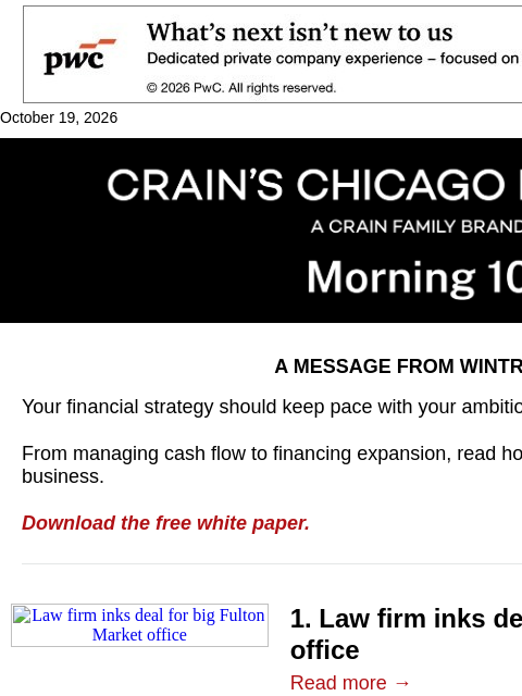 crainalerts newsletter: Fulton Market lures another big law tenant
