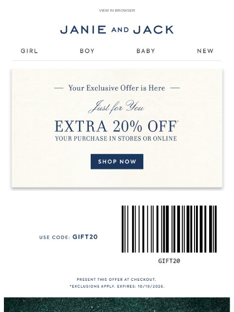 janieandjack newsletter: 🎁 Use your special code GIFT20