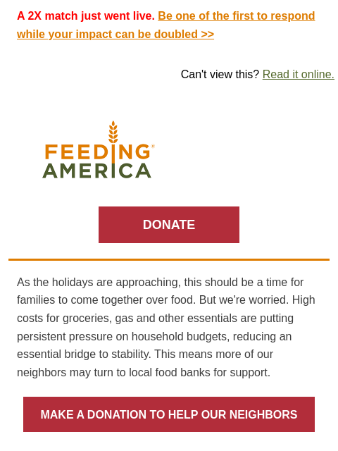 feedingamerica newsletter: Double your impact at this urgent moment