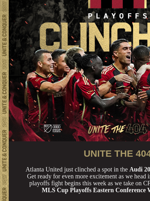 Atlanta plays CF Montréal on Tuesday ﻿͏ ﻿͏ ﻿͏ ﻿͏ ﻿͏ ﻿͏ ﻿͏ ﻿͏ ﻿͏ ﻿͏ ﻿͏ ﻿͏ ﻿͏ ﻿͏ ﻿͏ ﻿͏ Playoffs Clinched UNITE THE 404 Atlanta United just clinched a spot in the Audi 2024 MLS Cup Playoffs. Get ready for