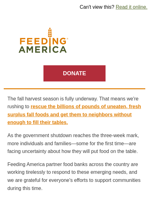 feedingamerica newsletter: Will you join our Fall Harvest 2x Match