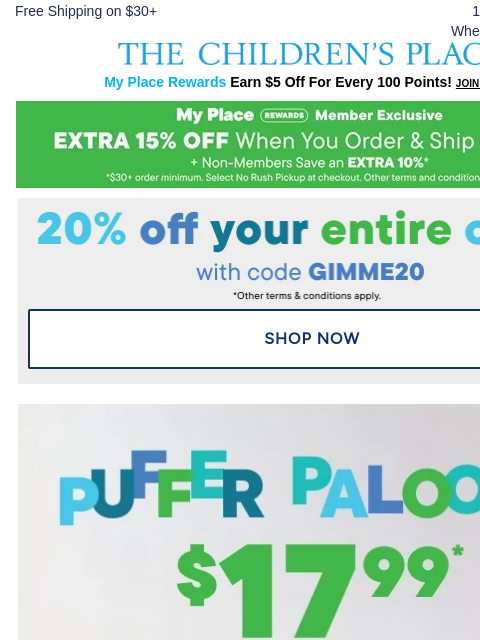 childrensplace newsletter: Don’t Miss It: $17.99 Puffer Palooza (Includes Hoo...