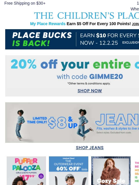 childrensplace newsletter: 🚨$8 & UP JEANS & 20% OFF CODE 🚨 Final Hours!!!