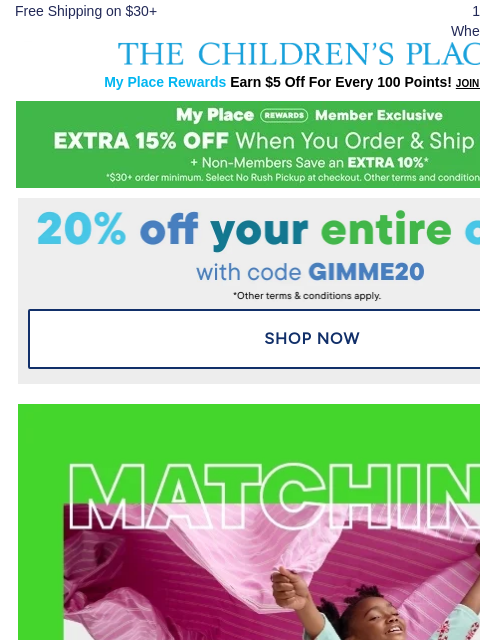 childrensplace newsletter: New Sibling PJ Arrivals 50-80% OFF w/code GIMME20