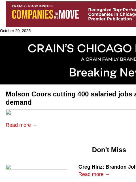 crainalerts newsletter: Molson Coors cutting 400 salaried jobs