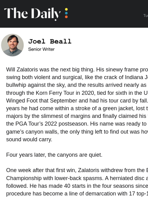 golfdigest newsletter: Will Zalatoris' painful reality