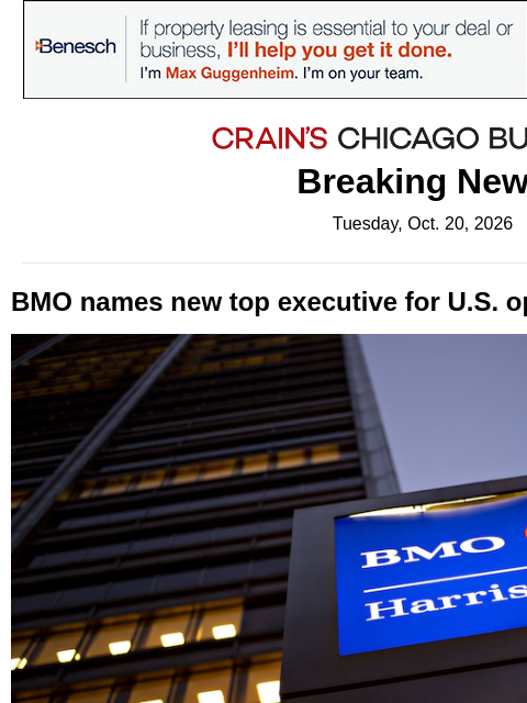 crainalerts newsletter: BMO names new top U.S. executive