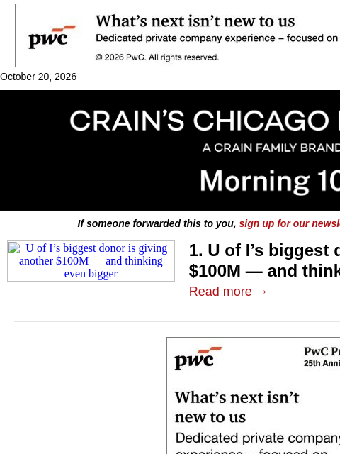 crainalerts newsletter: U of I's biggest donor gives again