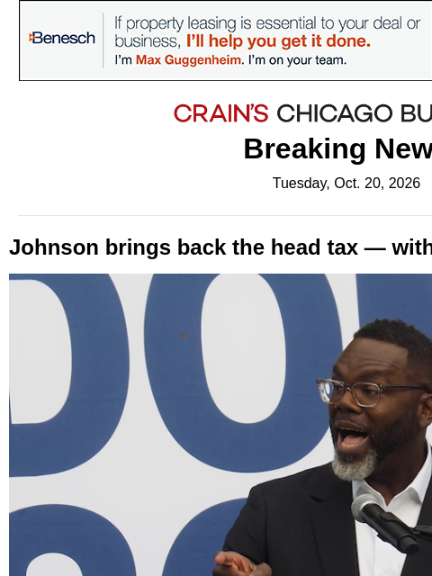 crainalerts newsletter: Johnson to revive head tax talk in 2027 budget