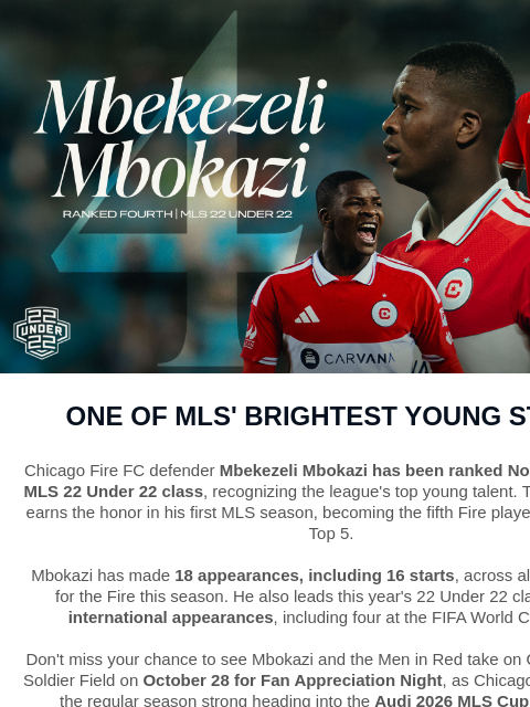 chicagofirefc newsletter: Mbokazi Named No. 4 in MLS 22 Under 22