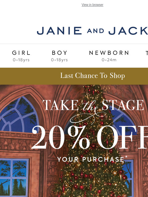 Last chance to use code GIFT24 for an extra 20% off. View in browser Stores Janie and Jack Girl Boy Newborn Tween Janie and Jack Girl Boy Newborn Tween We Think You'll Love These The Tartan Dress