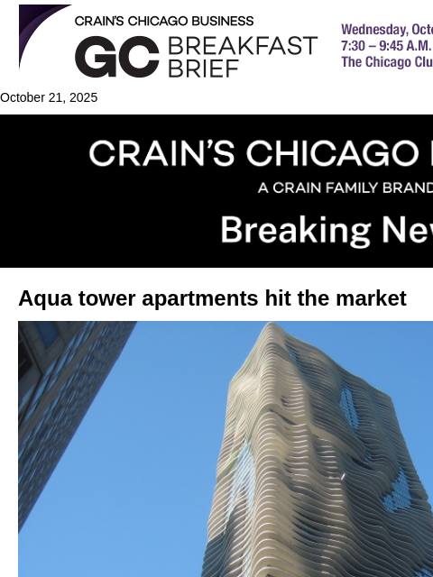 crainalerts newsletter: Aqua tower apartments hit market