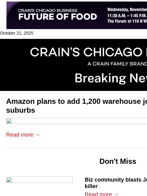 crainalerts newsletter: Amazon plans to add jobs in SW suburbs