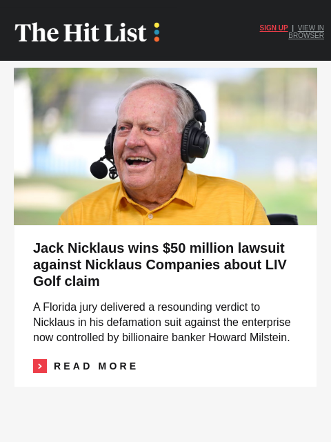 golfdigest newsletter: Jack Nicklaus wins $50 million lawsuit