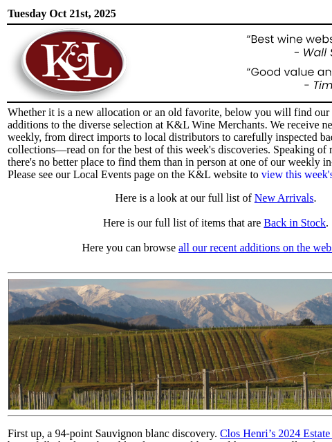 klwines newsletter: The Latest from K&L: New Adds and Back In Stock