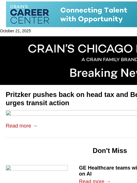 crainalerts newsletter: Pritzker pushes back on head tax, Bears breaks