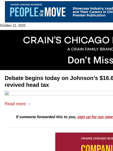 crainalerts newsletter: Johnson budget debate begins amid biz backlash
