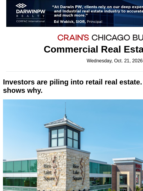 crainalerts newsletter: Suburban shopping center sells at a premium