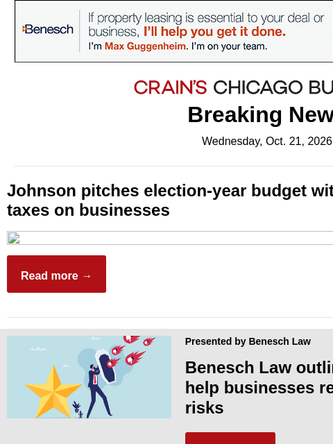 crainalerts newsletter: Johnson kicks off 2027 budget fight