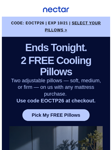 nectarsleep newsletter: ⏰ Expires TONIGHT: Code EOCTP26 for 2 FREE Pillows