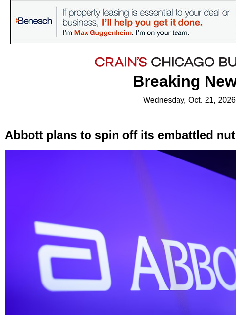 crainalerts newsletter: Abbott to spin off nutrition business