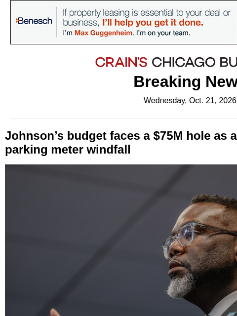 crainalerts newsletter: Johnson's budget has a $75 million problem