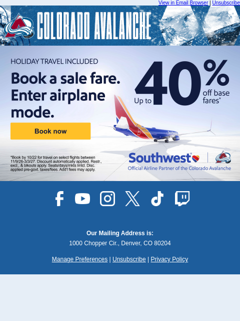 thecoloradoavalanche newsletter: Partner Offer: Up to 40% Off Base Fares? Now That’...