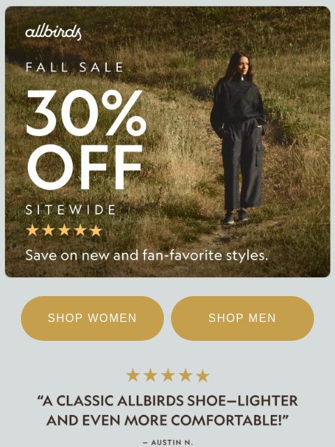 allbirds newsletter: Fall’s Faves Are Calling (30% Off Is Too)