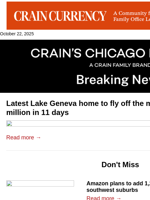 crainalerts newsletter: Lake Geneva home sells for $8.6M