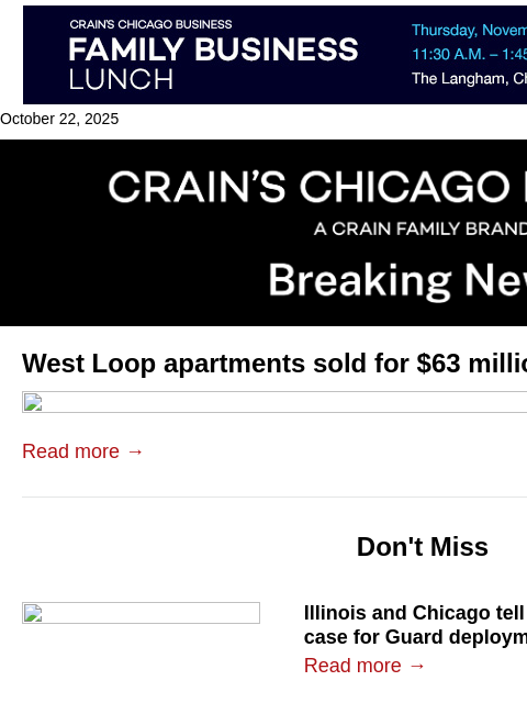 crainalerts newsletter: West Loop apartments sold for $63M